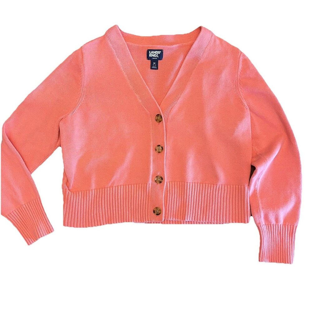 Lands End Drifter Cardigan Women’s Sweater Coral Cotton Button Up Cropped Sz M